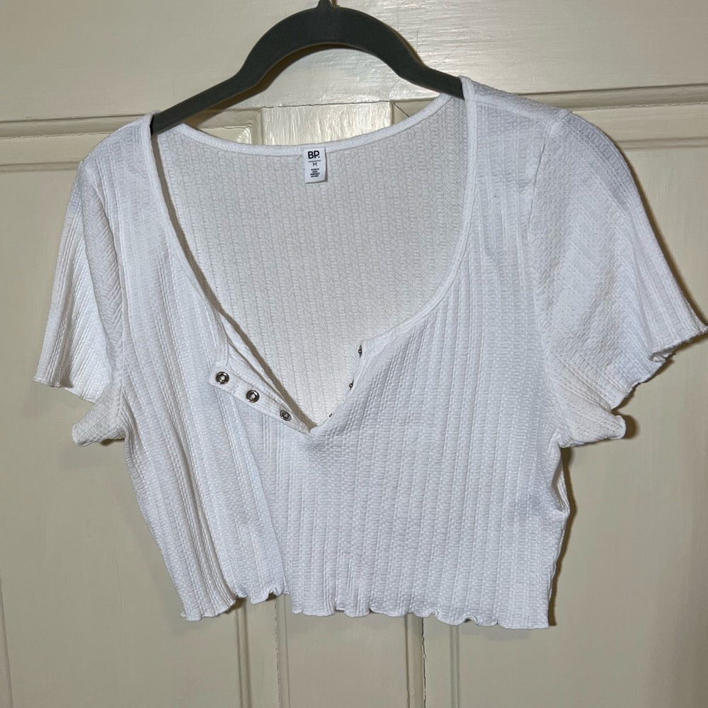 White Ribbed Button-Up Crop Top